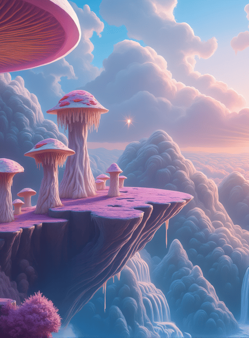 mushrooms, clouds, sun, waterfalls, mountains