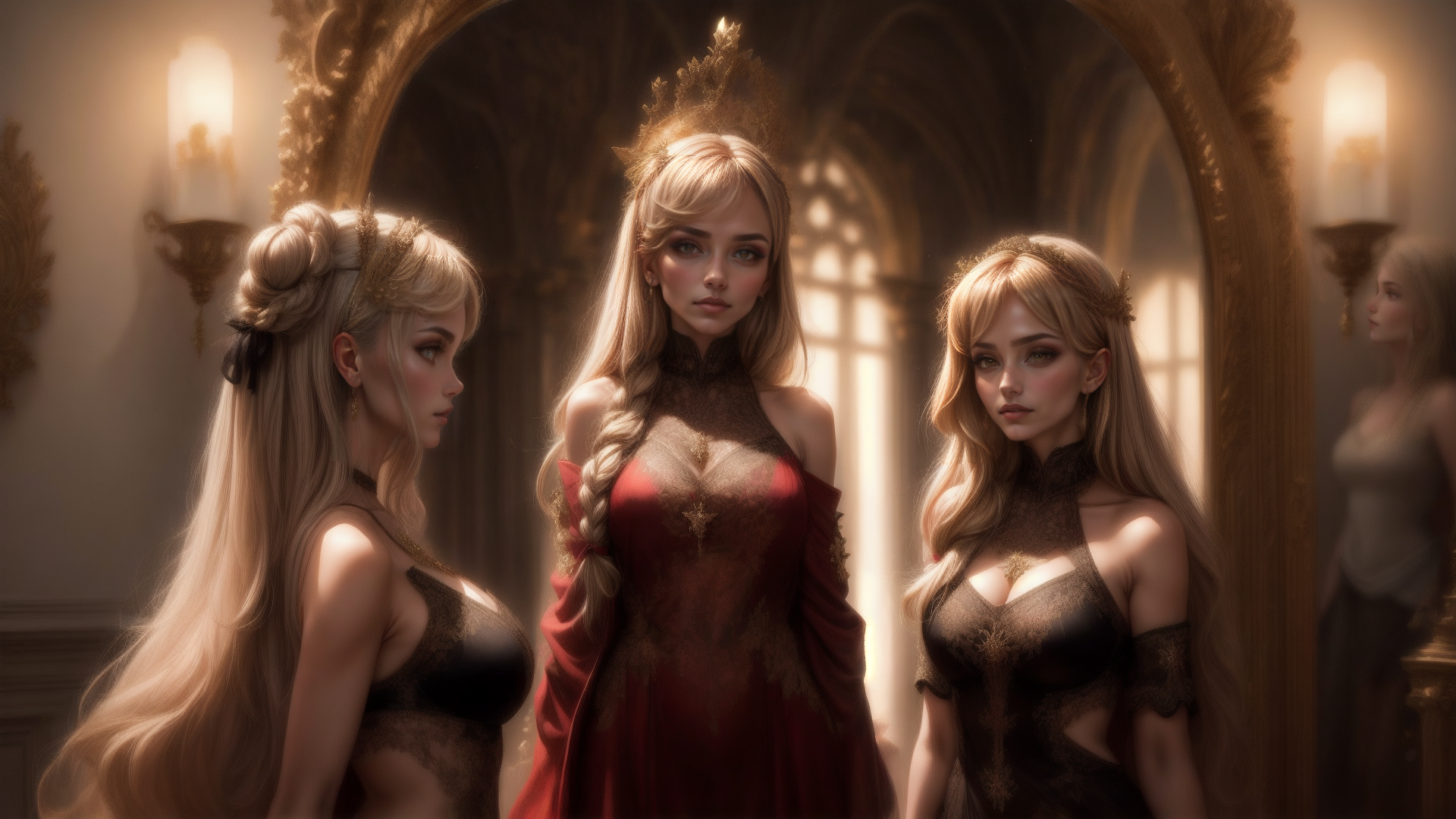 AI generated wallpaper featuring women, royal, gowns