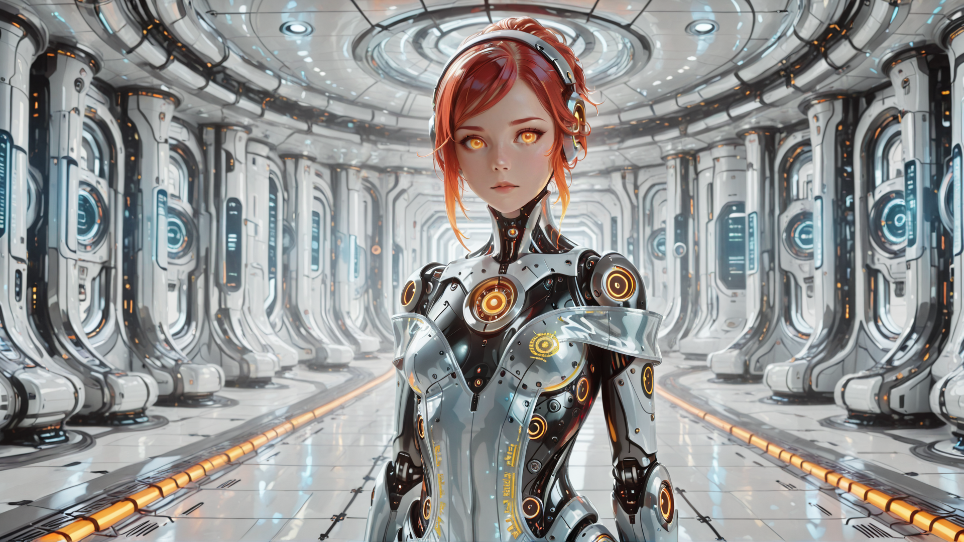 AI generated wallpaper featuring cyborg, robot, girl, spaceship, corridor