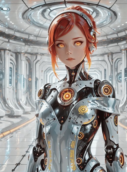 cyborg, robot, girl, spaceship, corridor