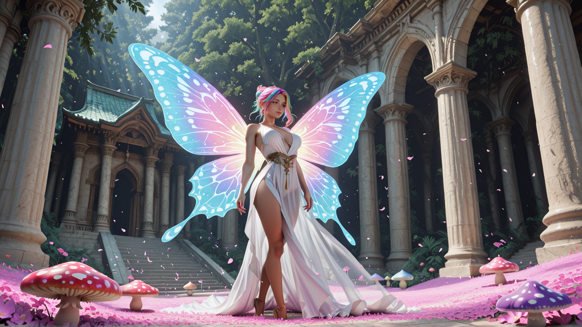 AI generated wallpaper featuring fairy, butterfly wings, mushroom, column, petals, dress, archway, tree, staircase, sunlight
