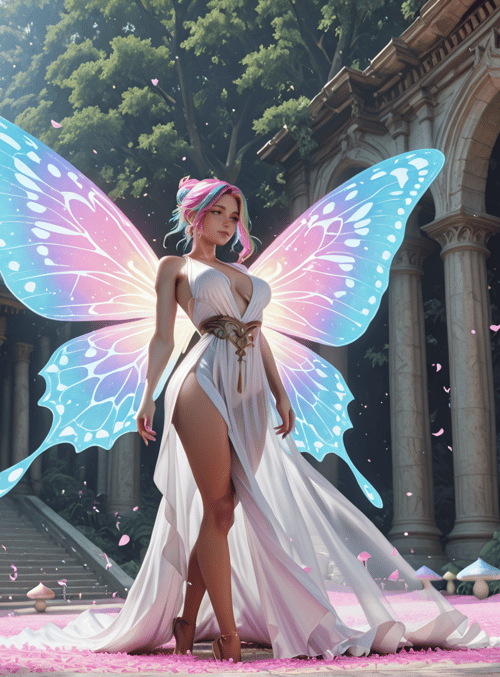 fairy, butterfly wings, mushroom, column, petals, dress, archway, tree, staircase, sunlight