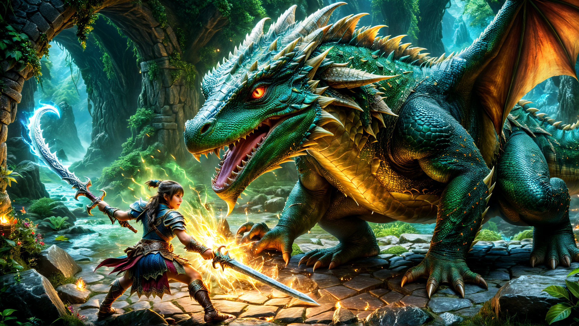 AI generated wallpaper featuring dragon, warrior, sword, forest, cave, armor, spark