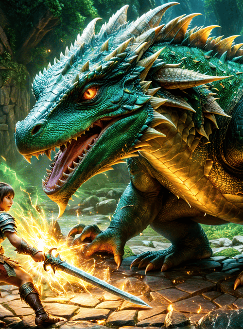 dragon, warrior, sword, forest, cave, armor, spark