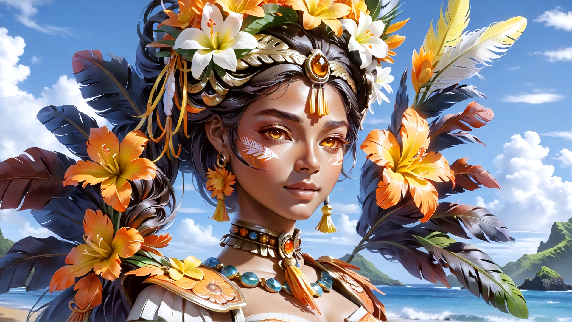 AI generated wallpaper featuring woman, feather, flower, jewelry, bead, headdress, earring, necklace, hawaiian, tropical