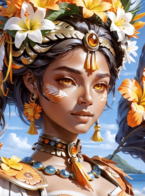 woman, feather, flower, jewelry, bead, headdress, earring, necklace, hawaiian, tropical