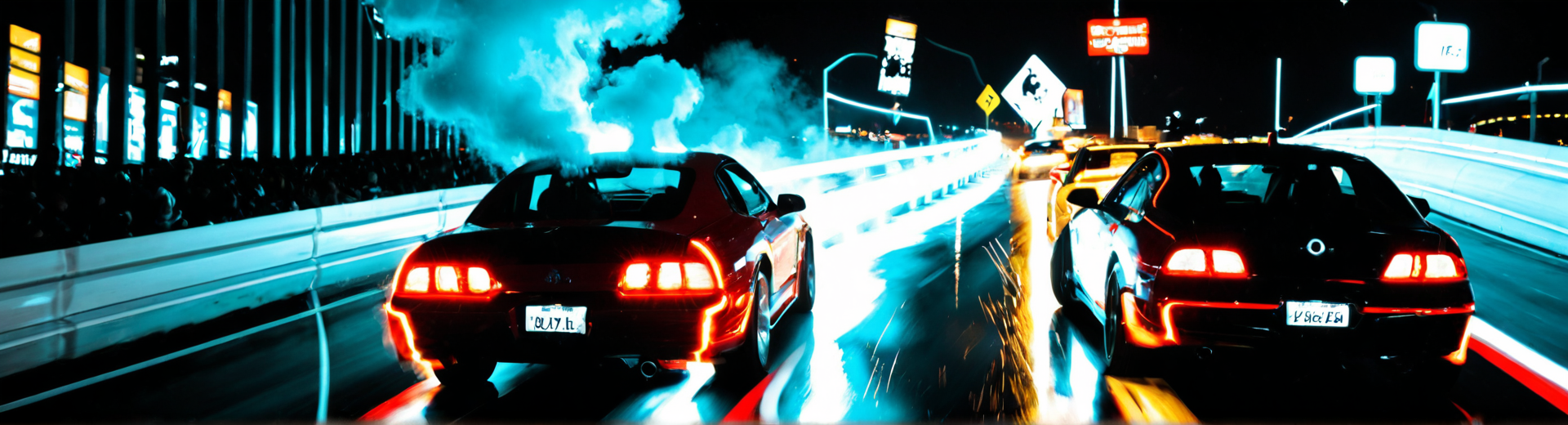 AI generated wallpaper featuring cars, road, smoke, neon, streetlights, signs, spectators, speed, tire, sparks