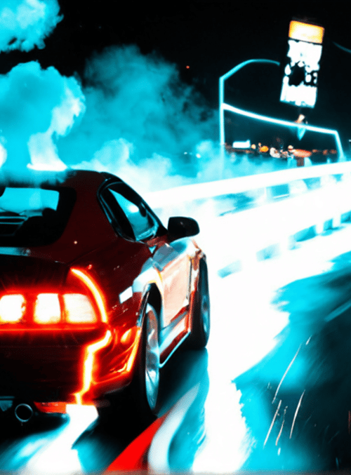 cars, road, smoke, neon, streetlights, signs, spectators, speed, tire, sparks