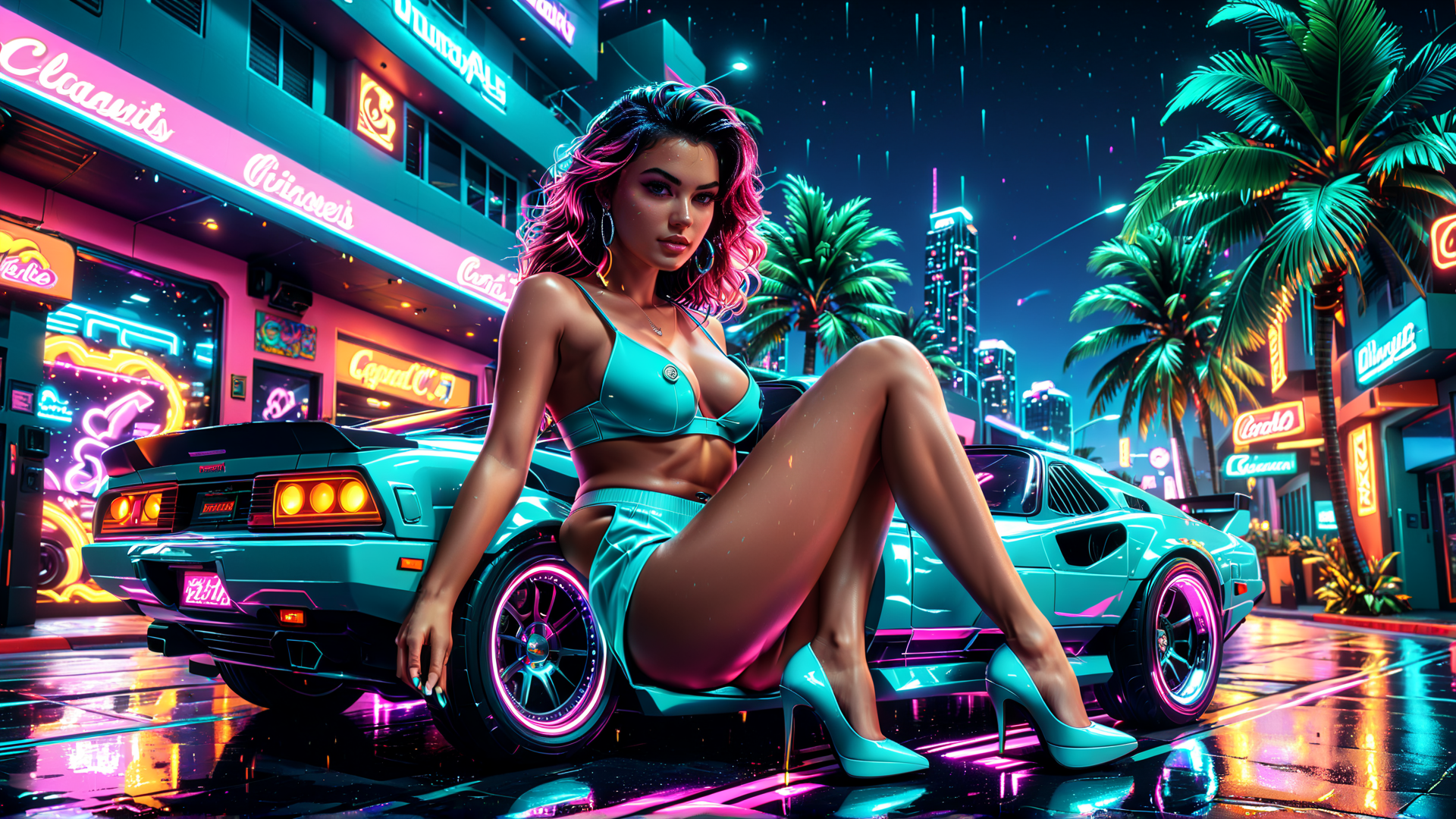 AI generated wallpaper featuring woman, car, palm tree