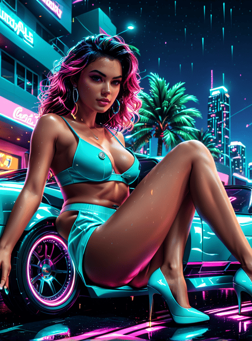 woman, car, palm tree