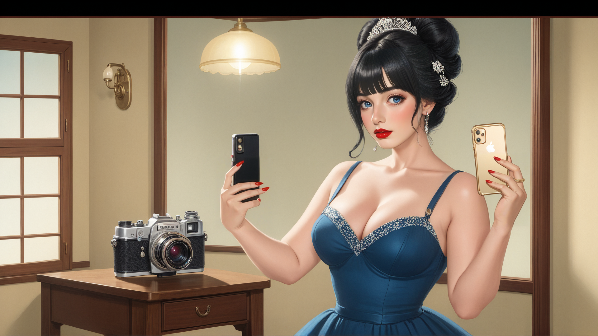 AI generated wallpaper featuring woman, mirror, camera, phones, dress