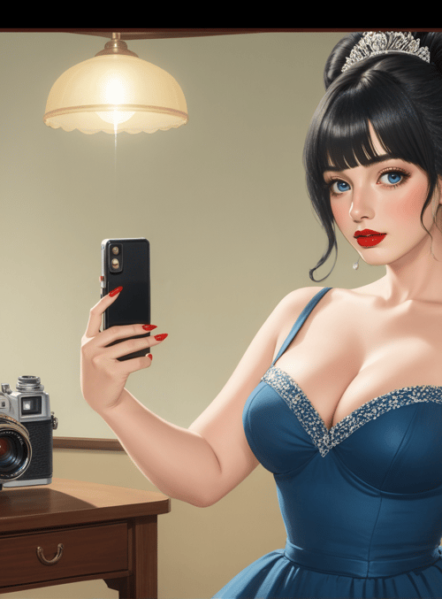 woman, mirror, camera, phones, dress