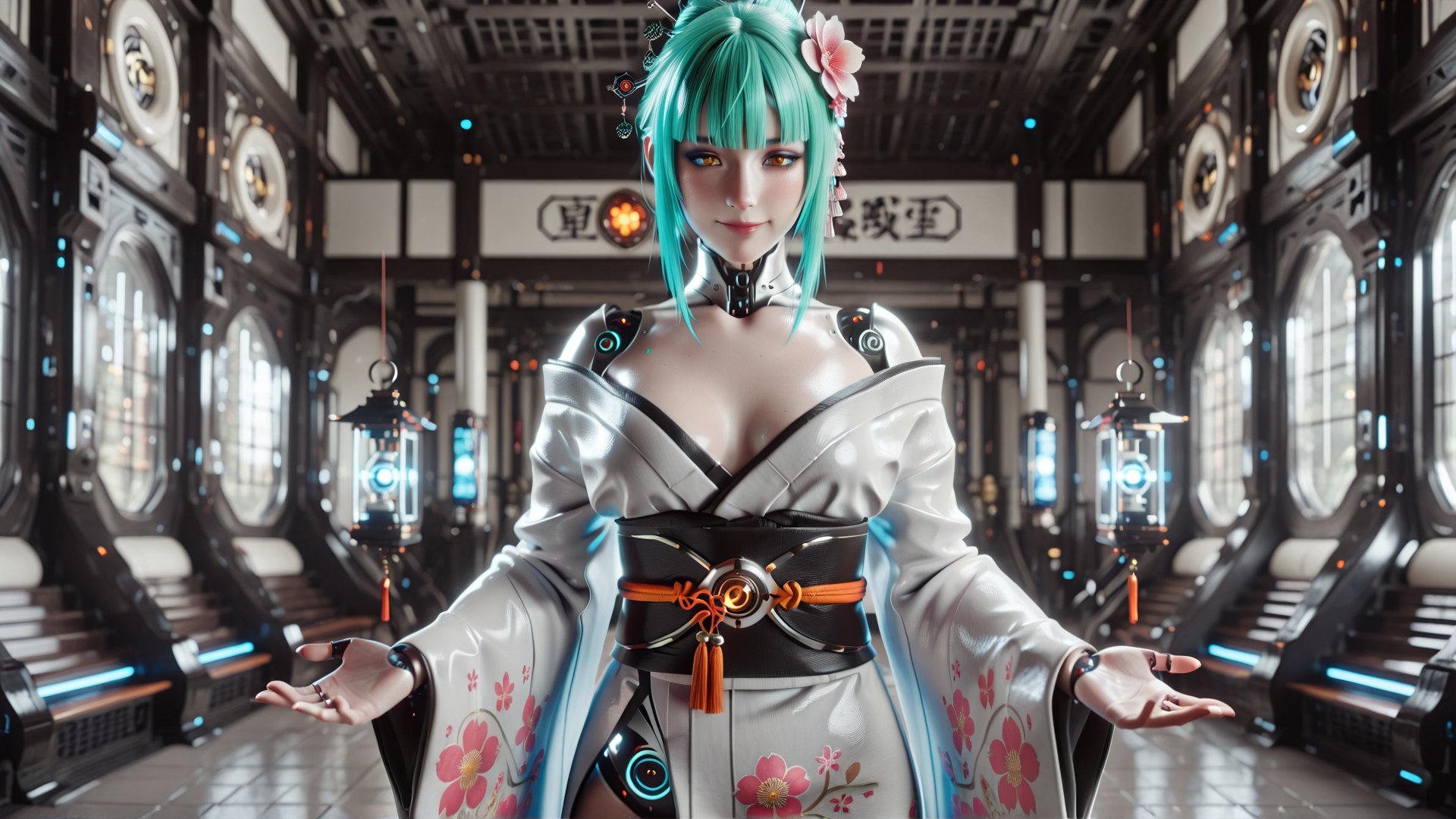 AI generated wallpaper featuring cyberpunk, geisha, futuristic, anime, female, character, robot, sakura, dress, lantern