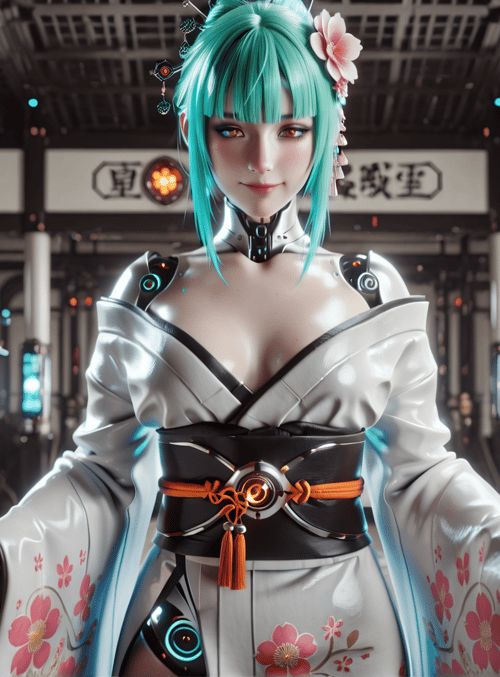 cyberpunk, geisha, futuristic, anime, female, character, robot, sakura, dress, lantern