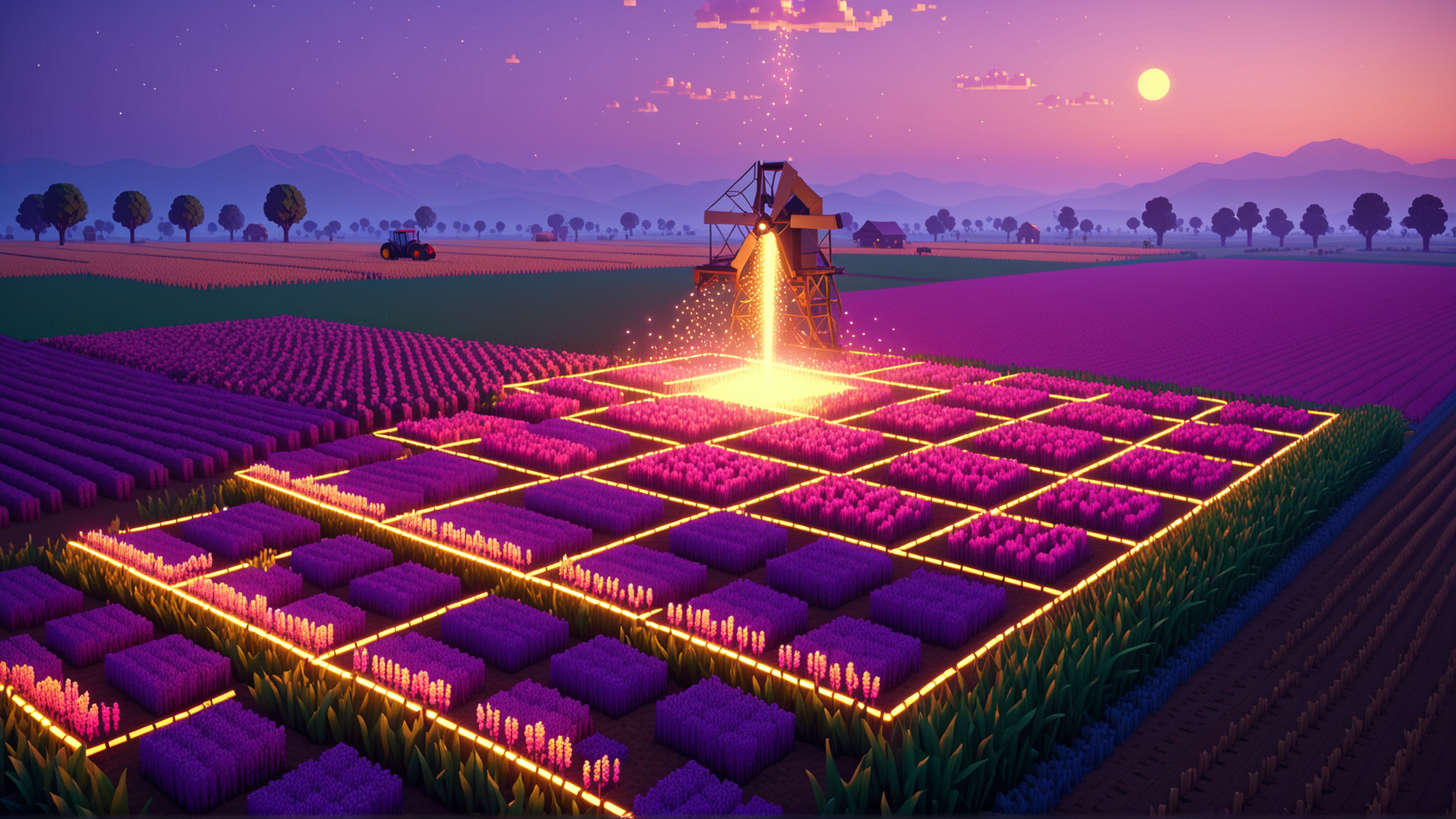 AI generated wallpaper featuring field, windmill, tractor, flowers, crops, grid, sun, mountains, trees, farm