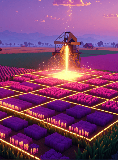 field, windmill, tractor, flowers, crops, grid, sun, mountains, trees, farm