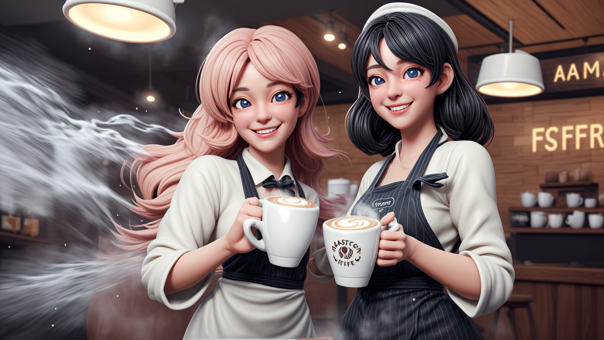 AI generated wallpaper featuring barista, cup, coffee, cafe, girl, apron, steam, mug, waitress, shop