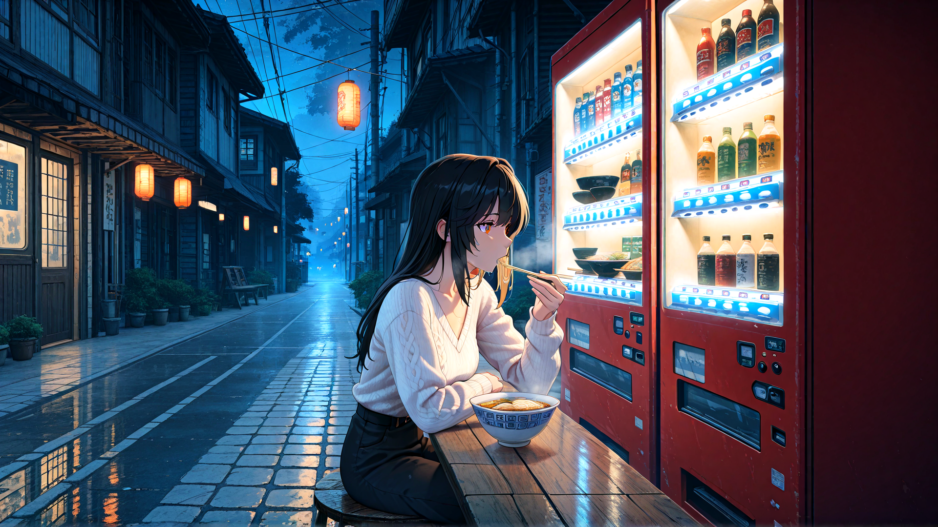 AI generated wallpaper featuring girl, vending machine, street, lantern, noodle, bowl, building, umbrella, bottle, street lamp