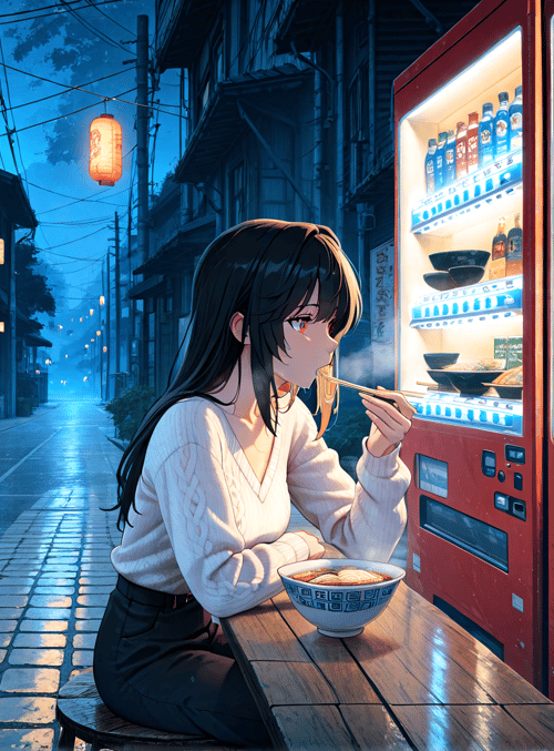 girl, vending machine, street, lantern, noodle, bowl, building, umbrella, bottle, street lamp