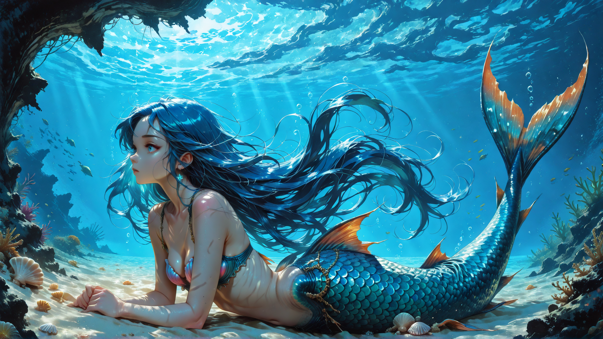 AI generated wallpaper featuring mermaid, fish, coral, seashell, water