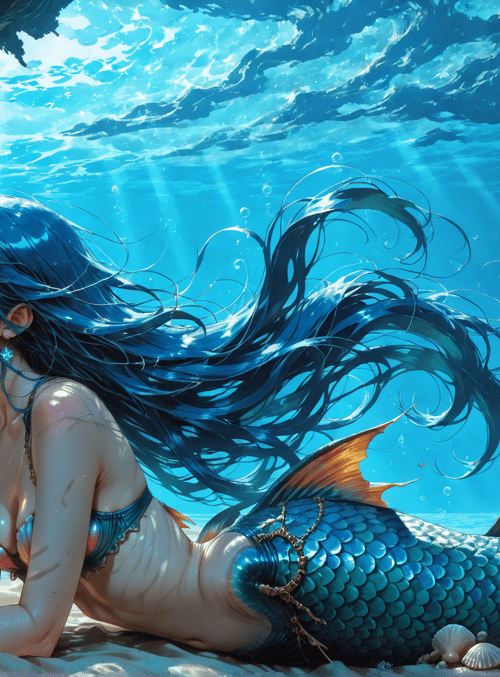 mermaid, fish, coral, seashell, water