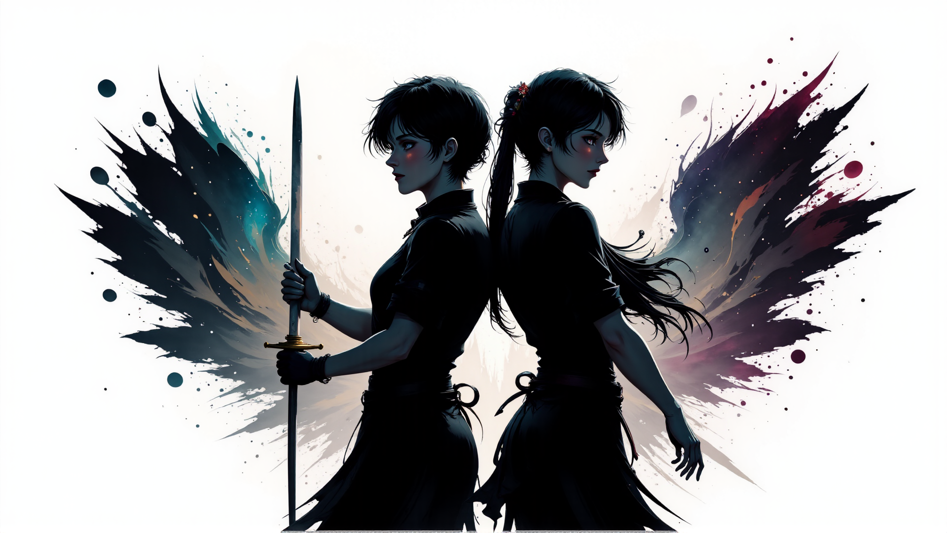 AI generated wallpaper featuring woman, sword, angel, wing, silhouette, anime