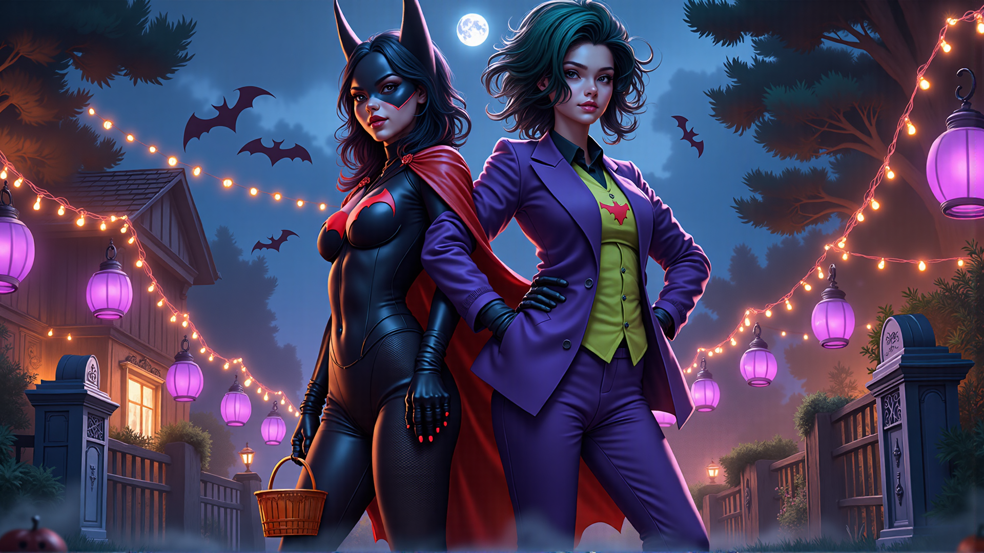 AI generated wallpaper featuring batwoman, joker, halloween, lanterns, bats, house