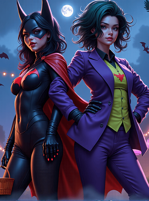 batwoman, joker, halloween, lanterns, bats, house