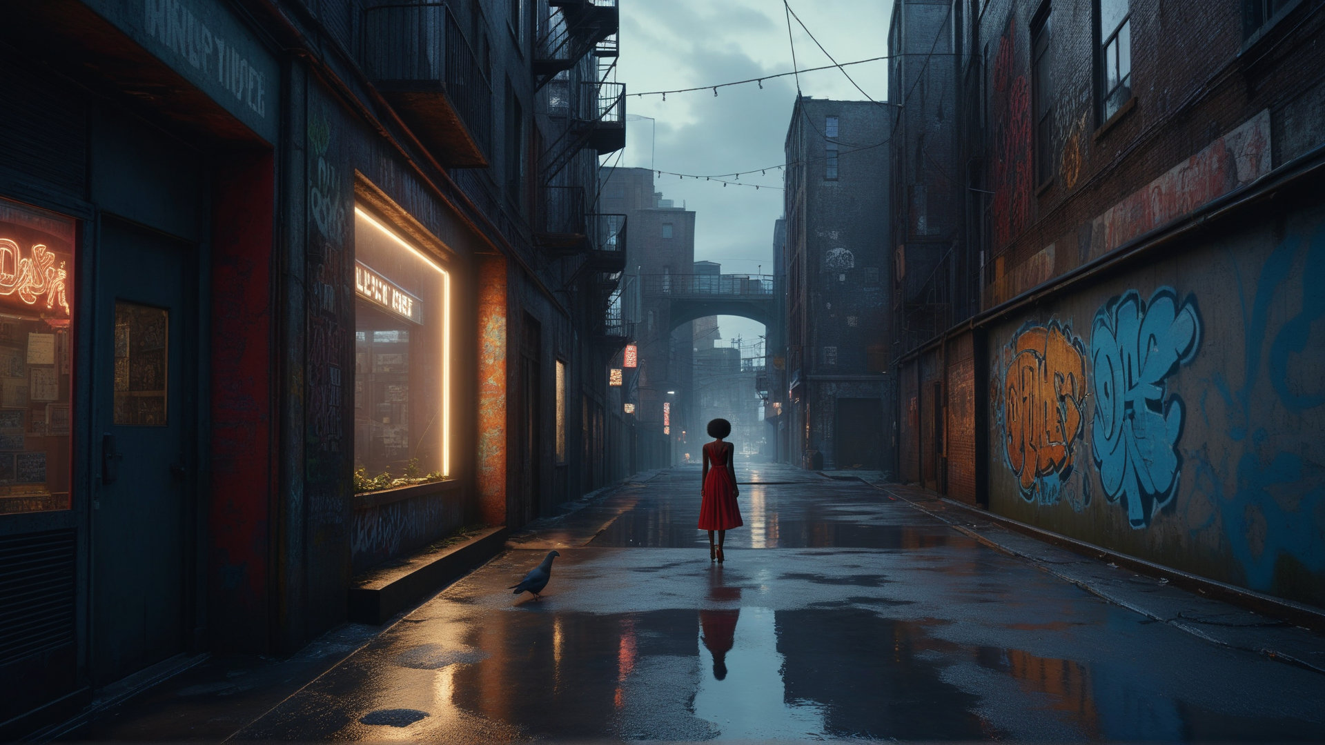 AI generated wallpaper featuring woman, pigeon, alley, buildings, graffiti