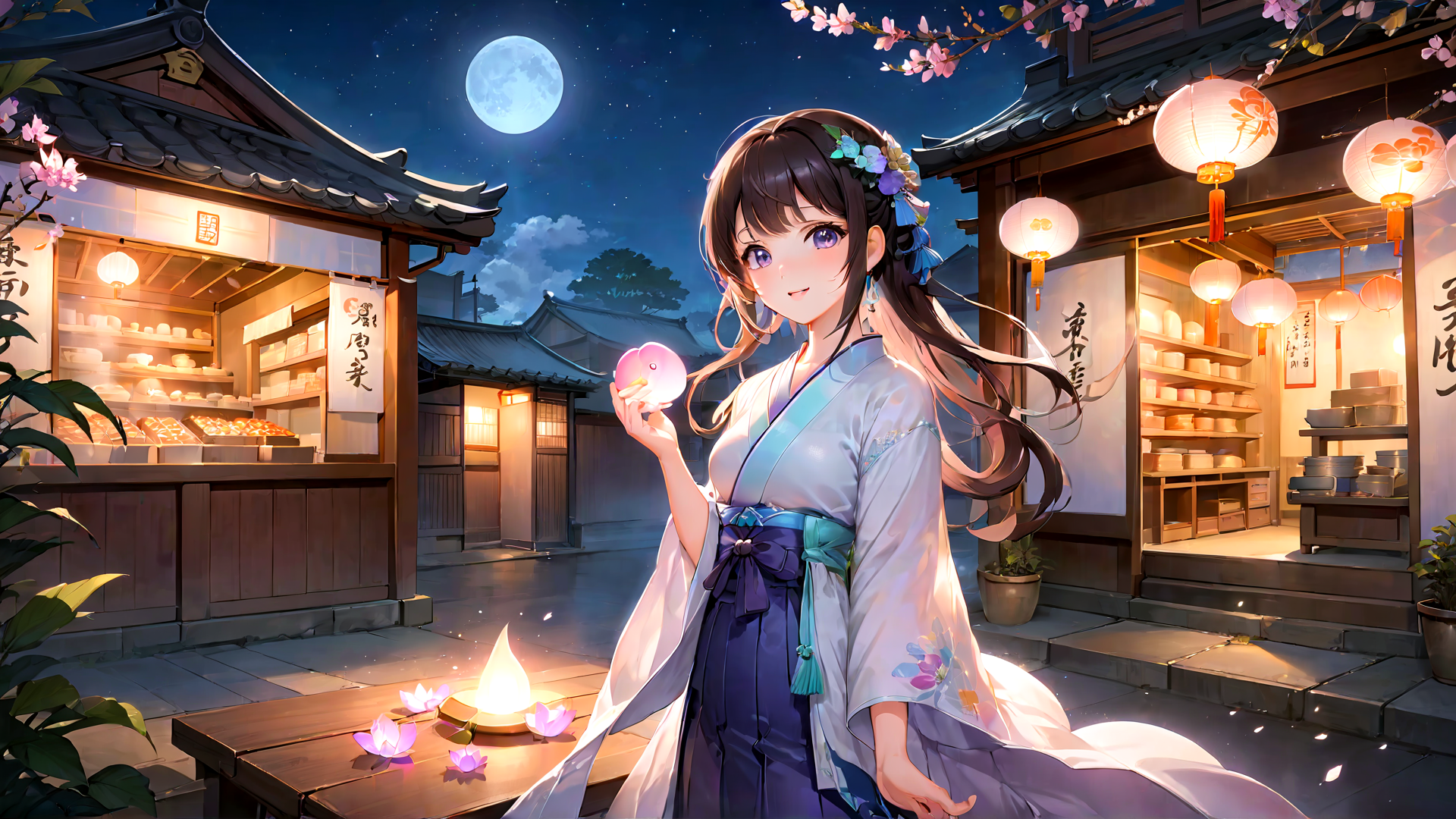 AI generated wallpaper featuring woman, girl, lantern, moon, cherry blossom, traditional building, candle, lotus flower, lantern, sakura
