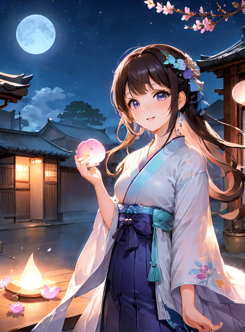 woman, girl, lantern, moon, cherry blossom, traditional building, candle, lotus flower, lantern, sakura
