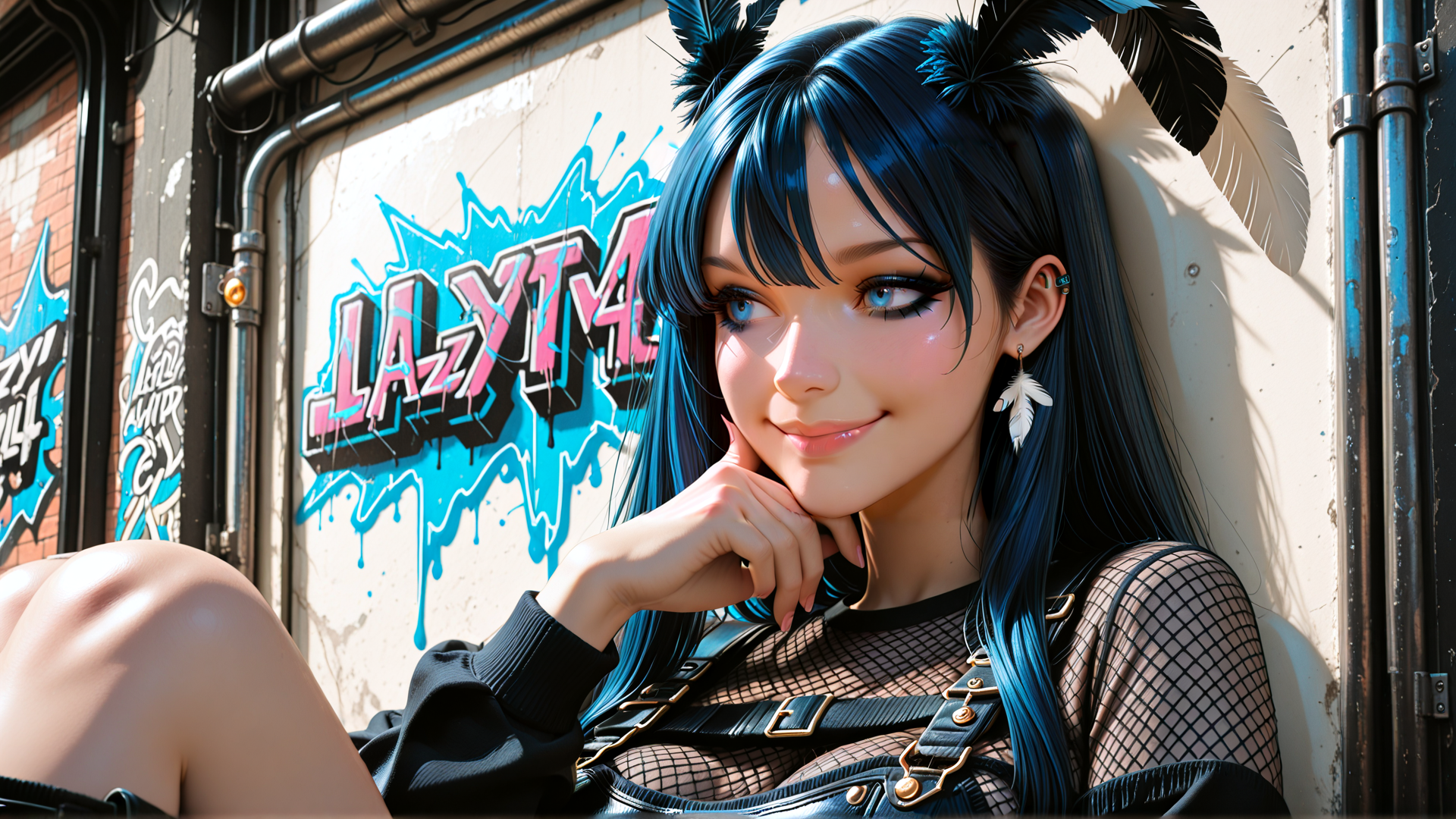 AI generated wallpaper featuring girl, feathers, graffiti, overalls, earrings, hairs