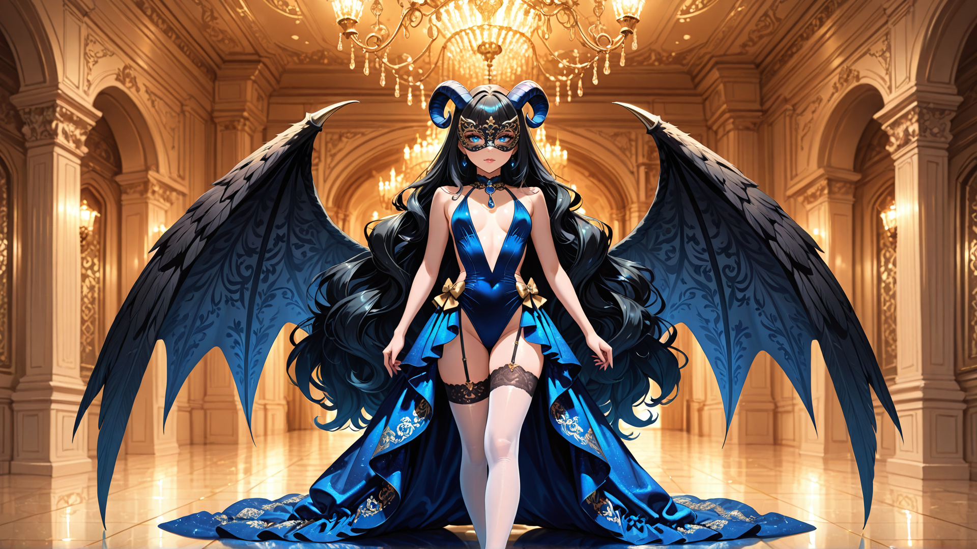 AI generated wallpaper featuring woman, demon, angel, wing, mask, dress, chandelier, corridor, hair, gloves