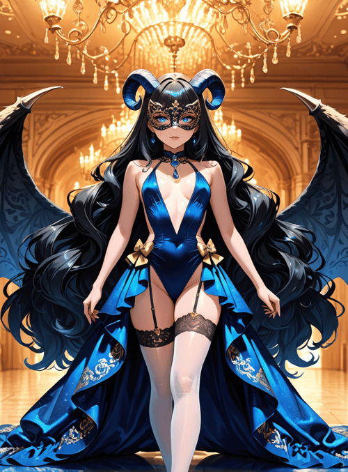 woman, demon, angel, wing, mask, dress, chandelier, corridor, hair, gloves