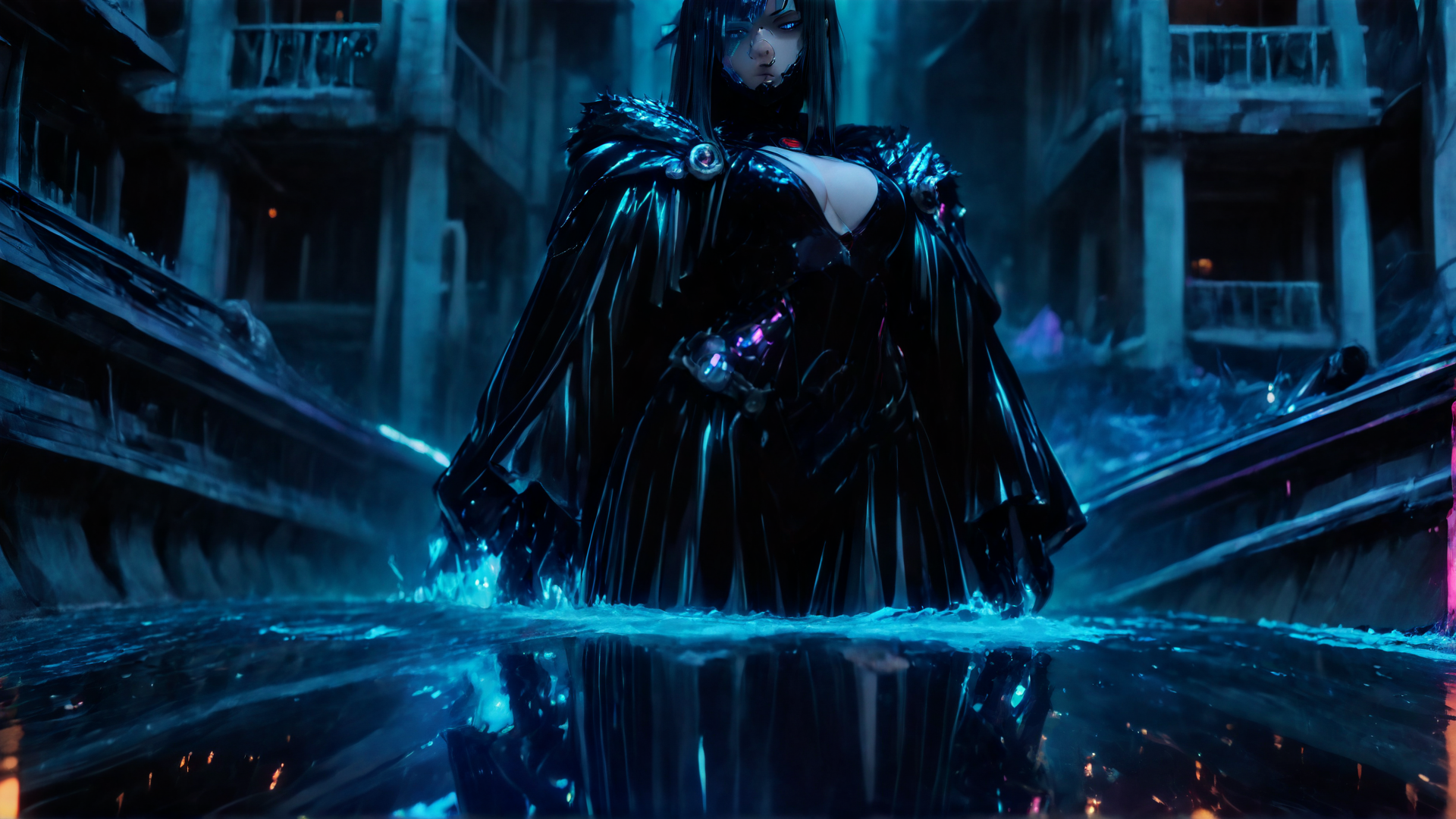 AI generated wallpaper featuring woman, cyberpunk, figure