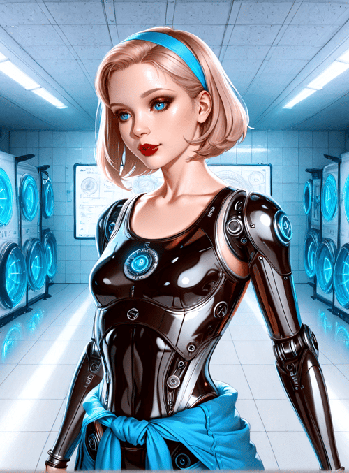 robot, cyborg, woman, server rack, fan, headband, uniform, neon, tech, cyberpunk