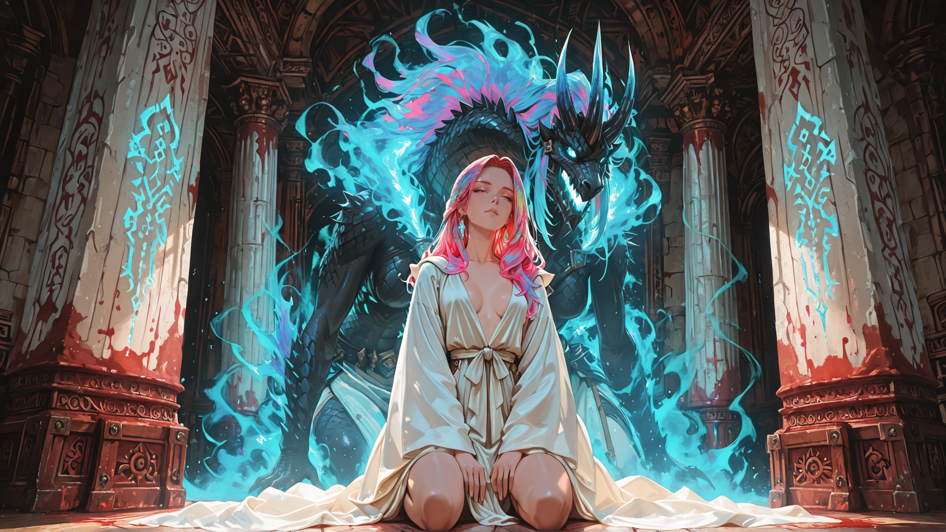 AI generated wallpaper featuring woman, dragon, columns, ruins