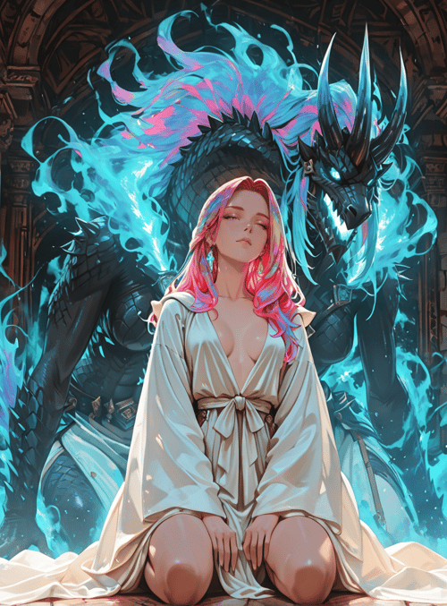 woman, dragon, columns, ruins