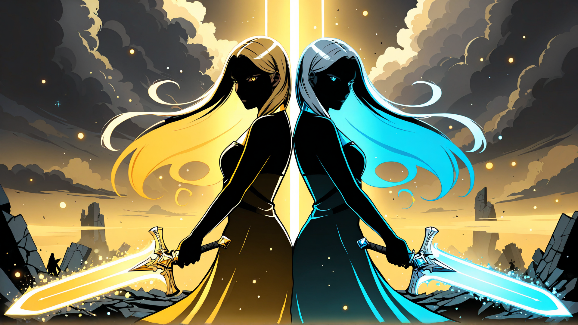 AI generated wallpaper featuring woman, sword, silhouette, two, figurine, battle, heroine