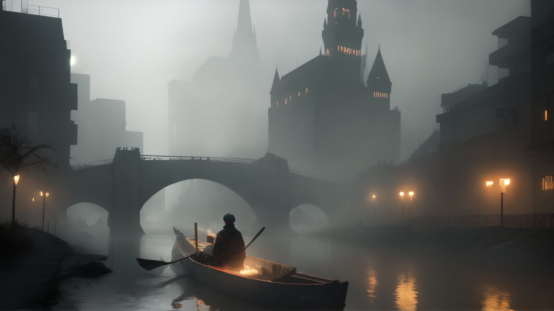 AI generated wallpaper featuring boat, city, person