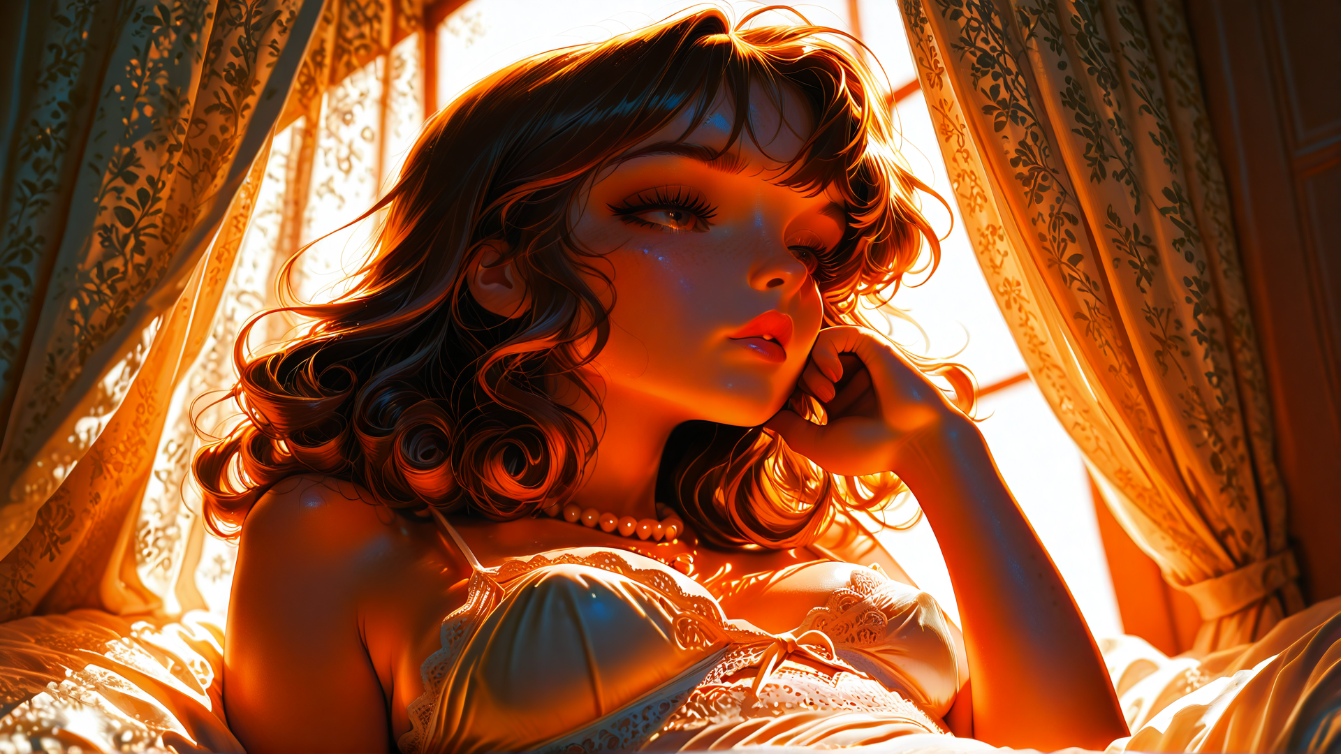 AI generated wallpaper featuring woman, curtains, bed, pearls, lacy top