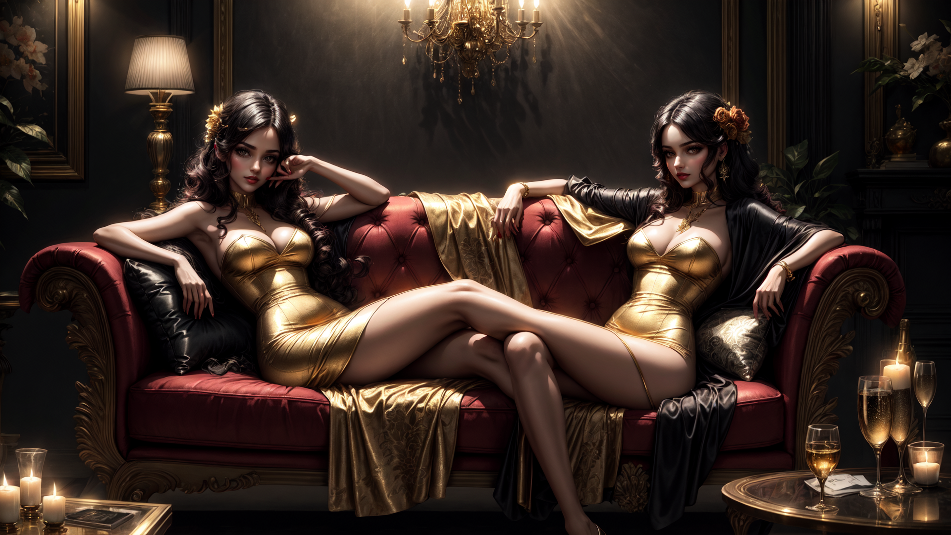 AI generated wallpaper featuring women, sofa, chandelier, lamp, dress, wine, candle