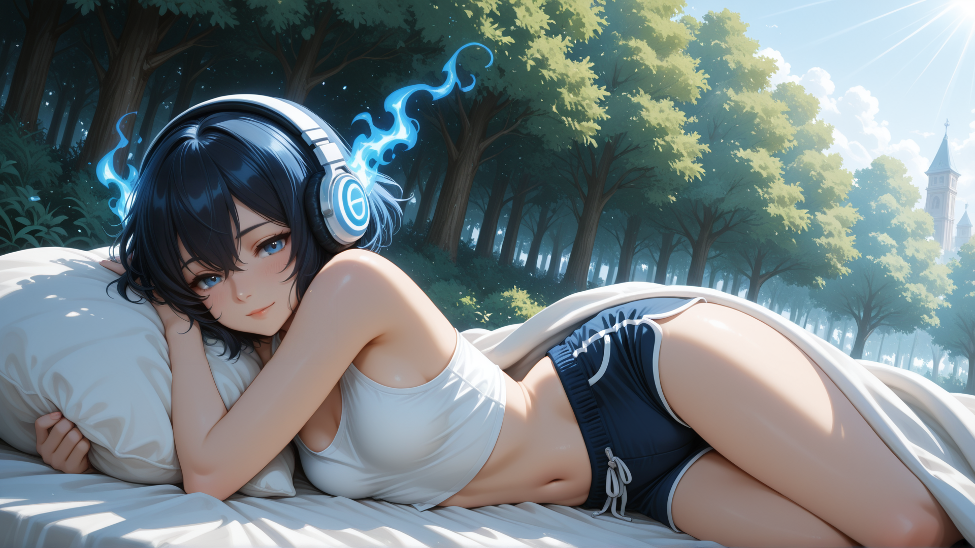 AI generated wallpaper featuring girl, headphones, bed, forest, sunlight