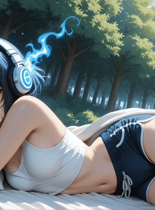 girl, headphones, bed, forest, sunlight