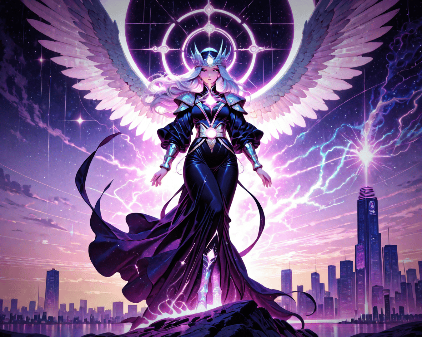 AI generated wallpaper featuring angel, woman, city
