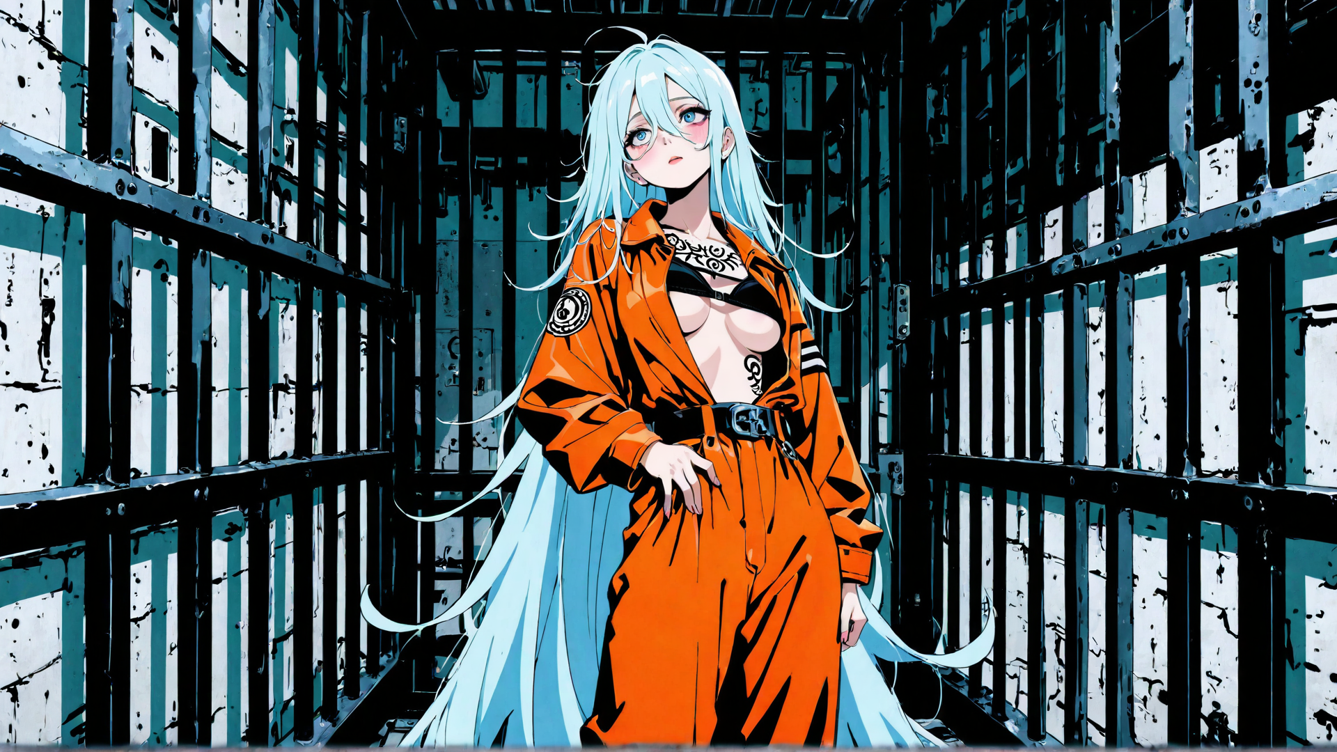 AI generated wallpaper featuring anime character, girl, prison bars, orange jumpsuit, blue hair