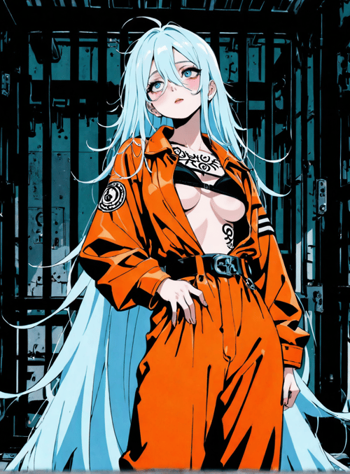 anime character, girl, prison bars, orange jumpsuit, blue hair