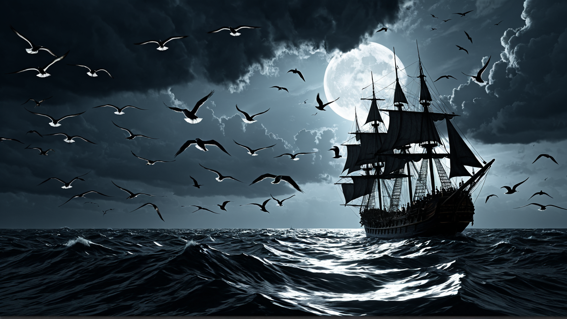 AI generated wallpaper featuring ship, seagulls, moon