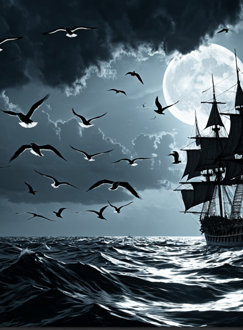 ship, seagulls, moon