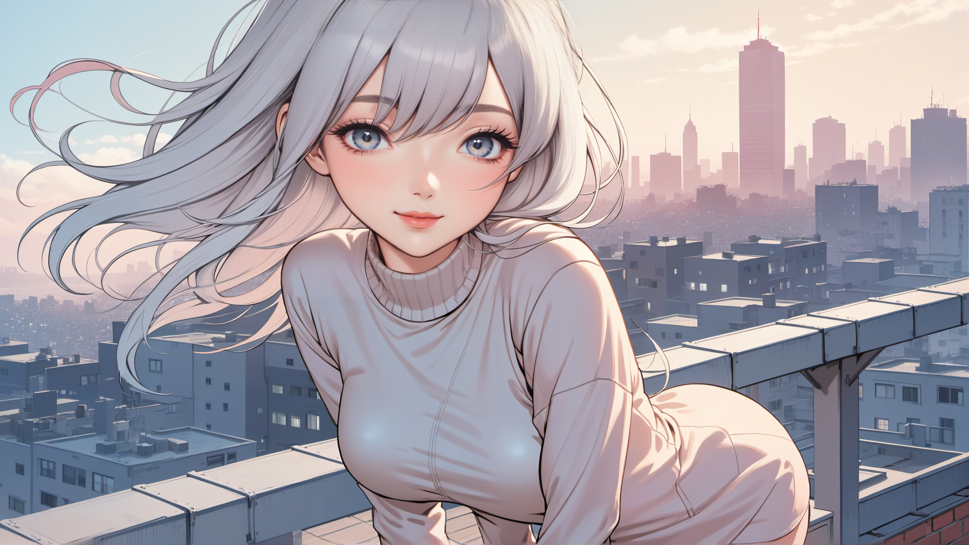 AI generated wallpaper featuring girl, cityscape, building